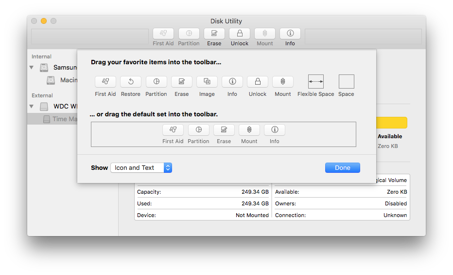 Customizing the toolbar in Disk Utility.app
